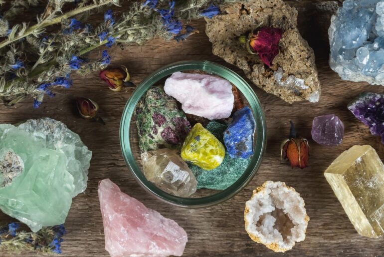 colorful crystals on a wooden table