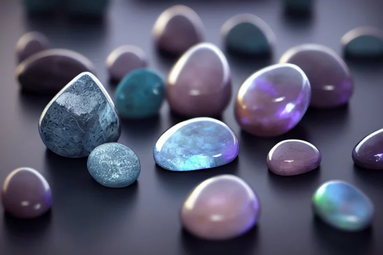 several pieces of polished moonstone placed on top of a black platform