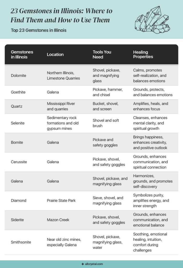 table showing 10 gemstones in Illinois, where to find them, and how to use them